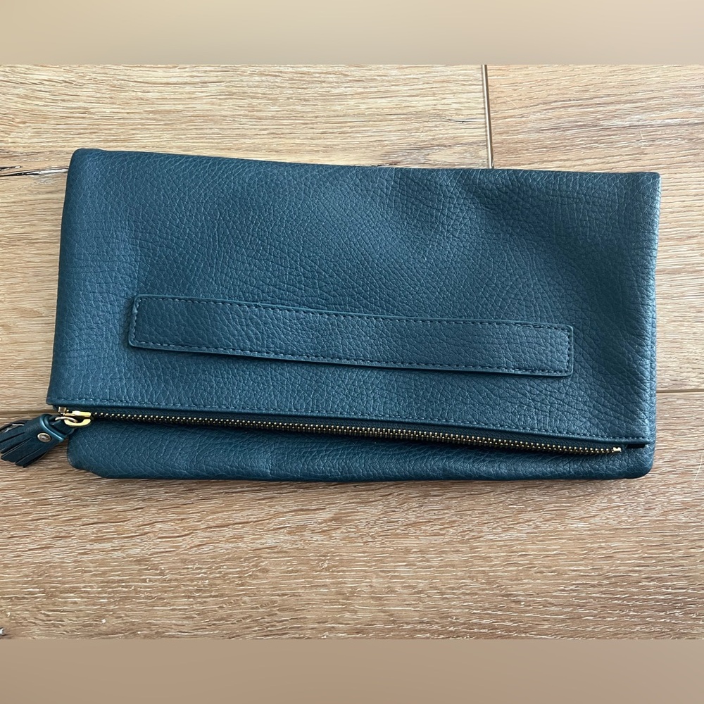 Indigo Clutch with Gold Zipper, small tassel